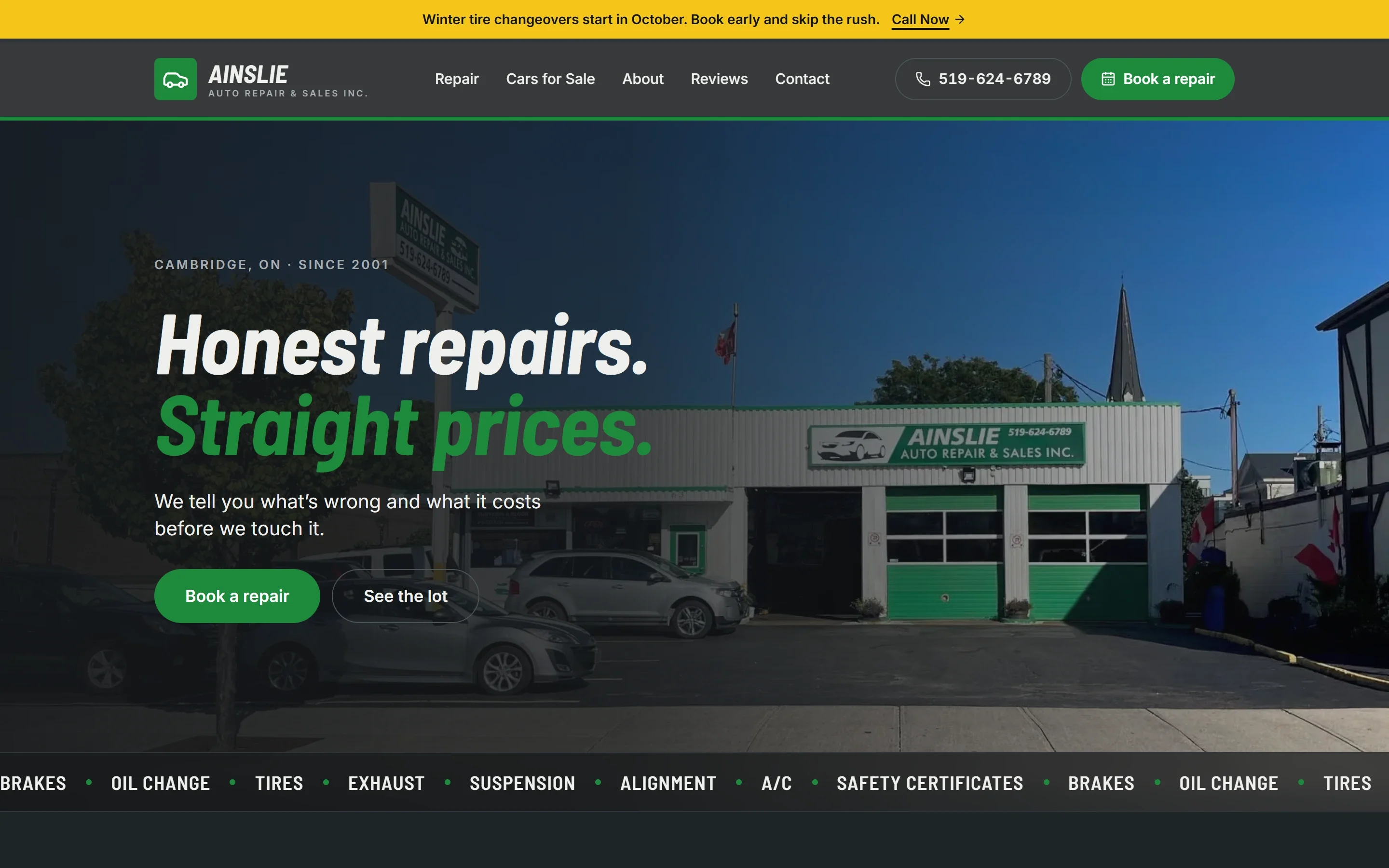 The Ainslie Auto Repair & Sales home page on a desktop