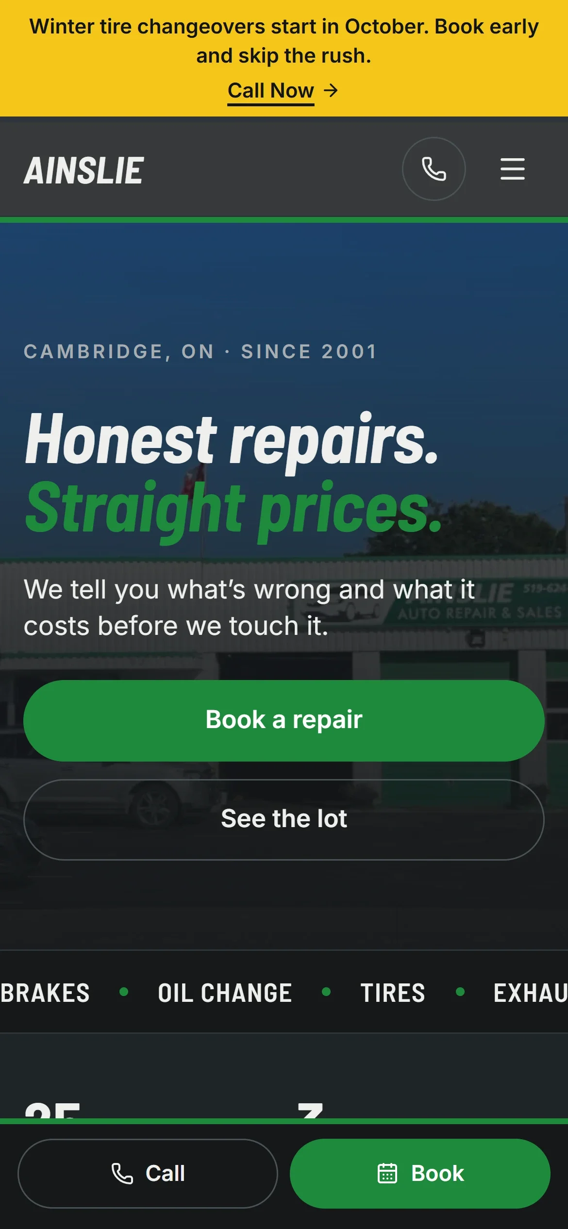 The Ainslie Auto Repair & Sales home page on a phone