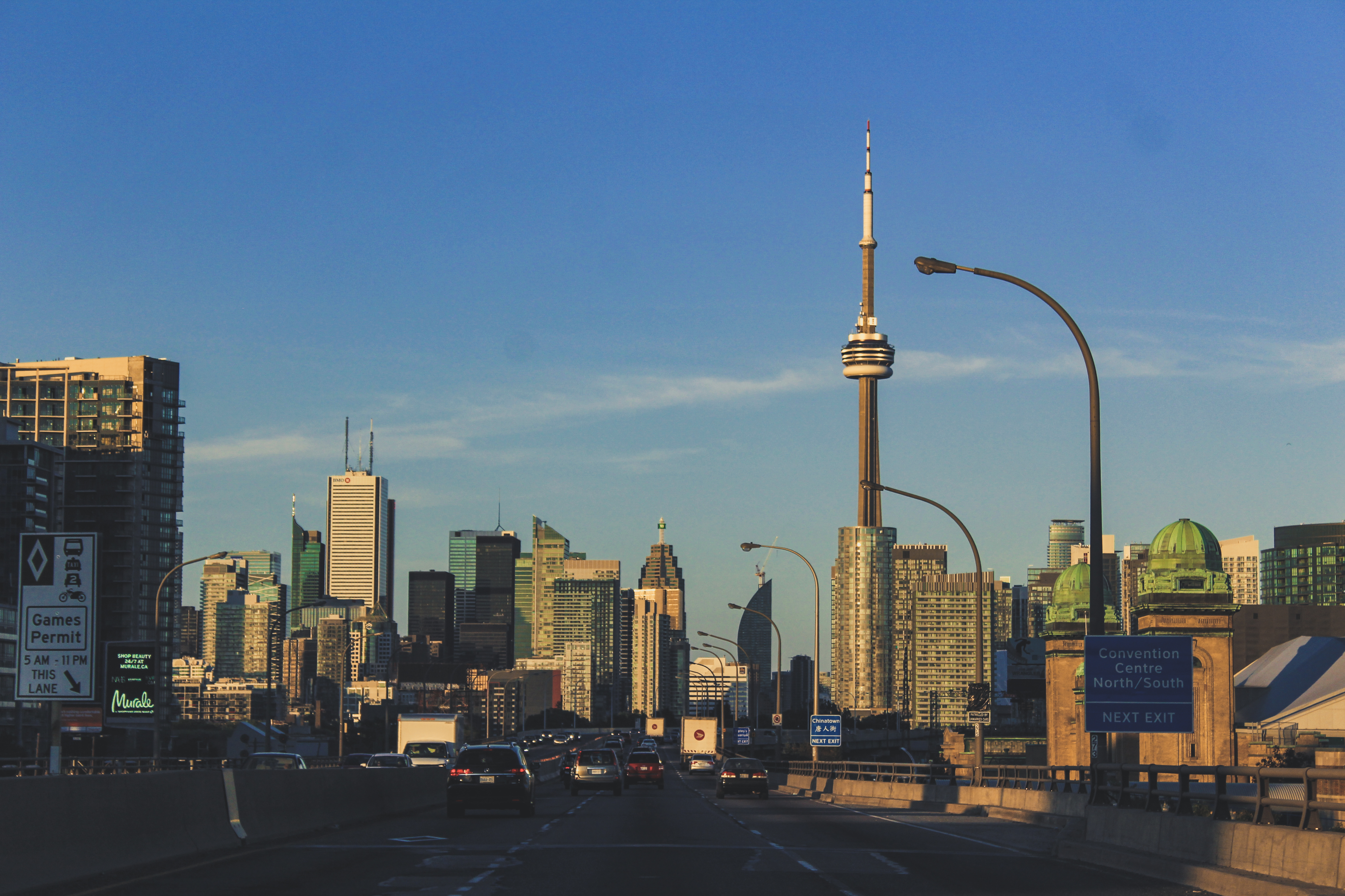 Low angle view of modern glass skyscrapers in downtown Toronto